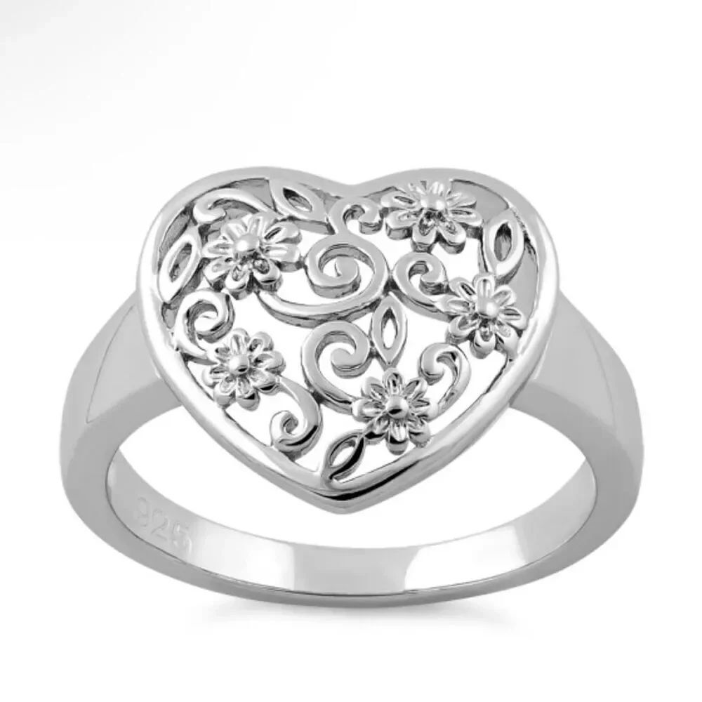 Sterling Silver Flower Vine Heart Ring New